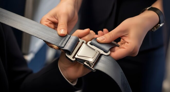 Close-up of hands fastening a seatbelt, emphasizing safety and security during travel or transport