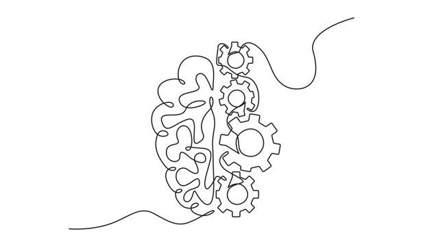Continuous line drawing of human brain with gears Single line art of brain cogs and mental processing human mind machinery and creativity line art vector illustration on transparent background