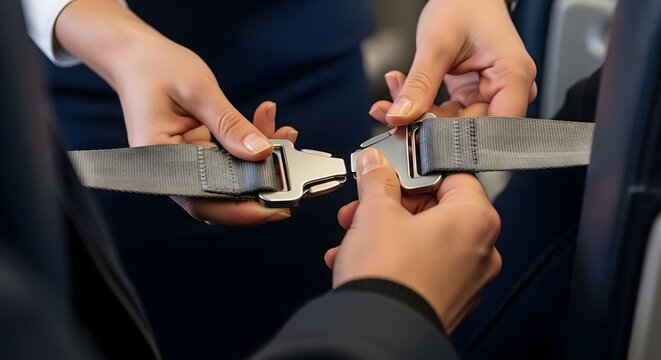 Hands demonstrating fastening an airplane seatbelt for passenger safety and travel preparation