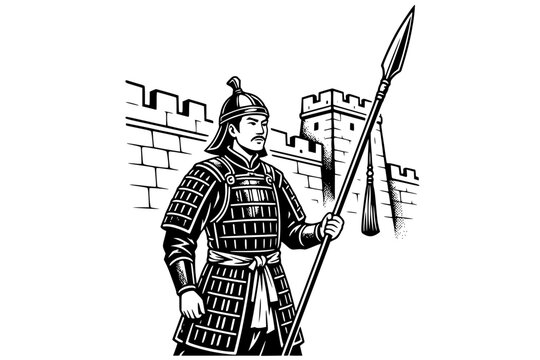 Black and white vector illustration of a Chinese warrior wearing ancient armor and holding a traditional spear in front of a fortress