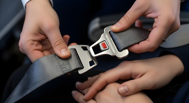Hands fastening an airplane seat belt, demonstrating air travel safety and passenger security.