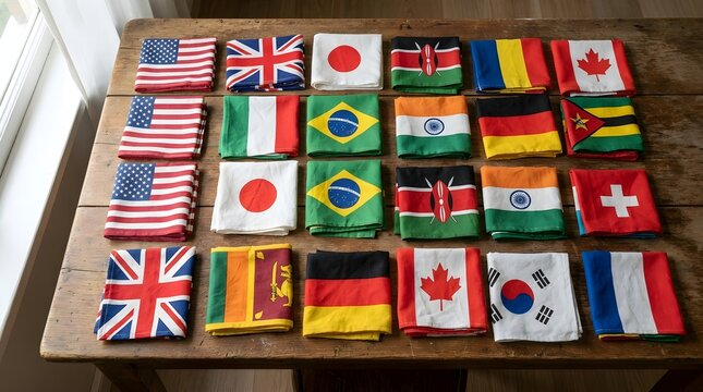 International World Flags Arranged as Folded Fabric Swatches on Wooden Table