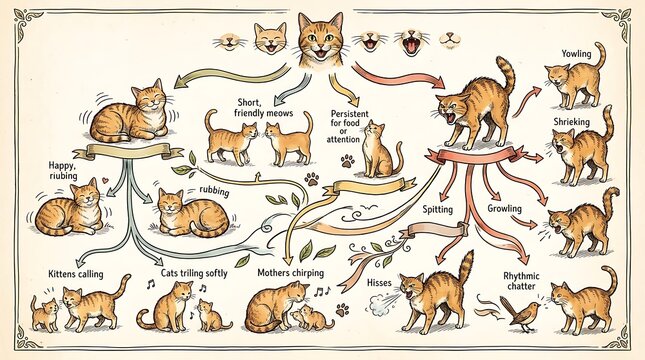Vintage style infographic explaining cat vocalizations and behavior