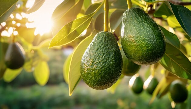 fresh organic avocado ripe growing on branches with green leaves in sunny fruiting garden