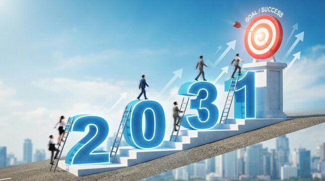 Business professionals climbing giant blue glowing numbers for the year twenty thirty one to reach a red target goal sitting high above a modern city skyline