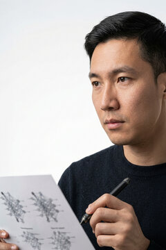 Man holding a stylus and a diagram of a neural network