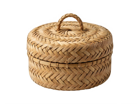 Small round woven basket with a lid isolated on transparent background