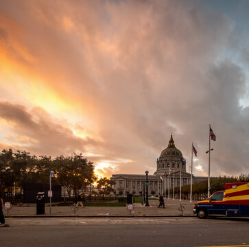 Dramatic sunset sky over San Francisco City Hall in California