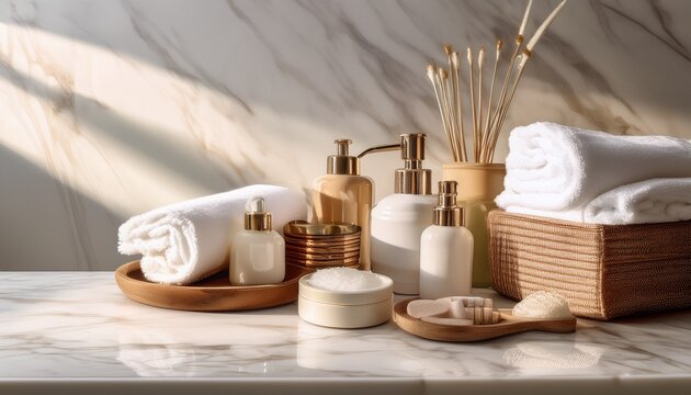 luxury spa bathroom accessories on marble counter