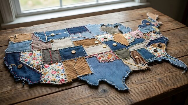 United States Map Made of Stitched Fabric Patches Per State on a Wooden Table
