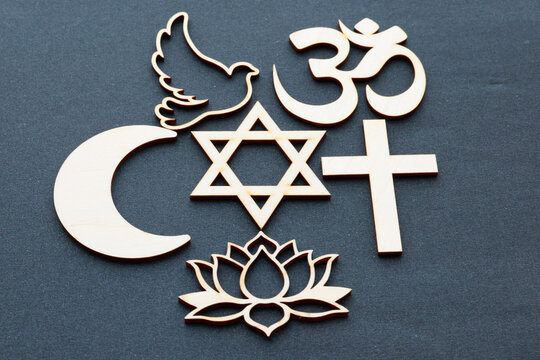 Interfaith symbols representing the harmonious coexistence of Christianity, Islam, Judaism, Hinduism, and Buddhism. This composition illustrates interfaith dialogue and mutual tolerance.