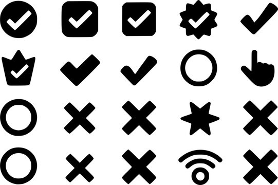 Check mark and cross mark icon set featuring checkmarks, tick boxes, wrong x symbols, verified badge, pointing hand, star, circle, and wi-fi signal vector illustration.