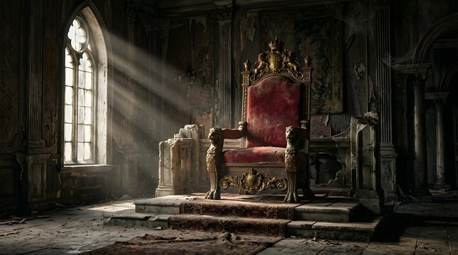 An ornate red velvet royal throne chair sitting in a dark abandoned gothic stone cathedral interior