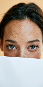 Close up freckled woman eyes peeking over white paper for portrait background banner wallpaper design