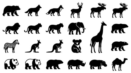Obraz premium Set of diverse wild animal silhouettes featuring various mammals and safari creatures isolated on white background