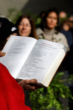 Saint-Jacques Collegiate Church.  A parishioner reads from the Gospel of Matthew during the Palm Sunday procession of Holy Week.