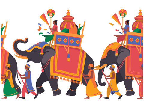 Traditional indian procession with decorated elephants and people in festive attire