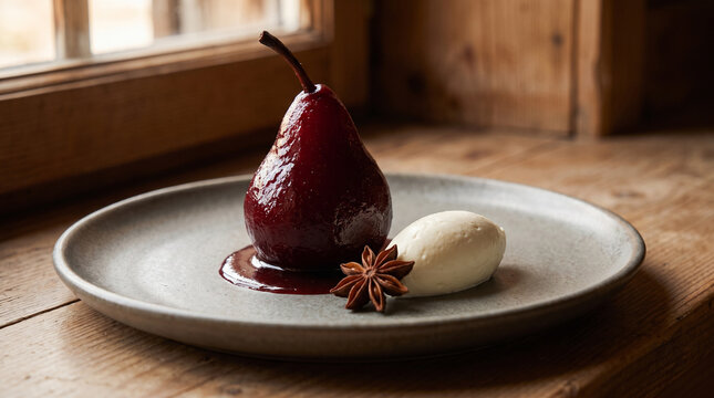 A beautifully detailed photorealistic stock photograph capturing an elegant red wine poached pear with a glossy reduction and mascarpone on a matte grey plate.