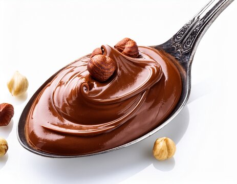 delicious chocolate hazelnut spread on spoon isolated on a white background background sweet dessert ingredient for food and bakery concept