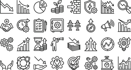 Fototapeta premium Comprehensive business and finance icon set vector bundle featuring thin line illustrations for corporate data analysis management and professional marketing strategy projects