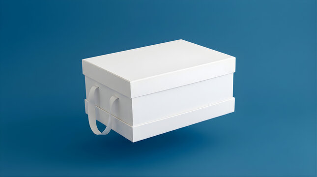 Minimalist White Gift Box with Handles on a Solid Blue Background
