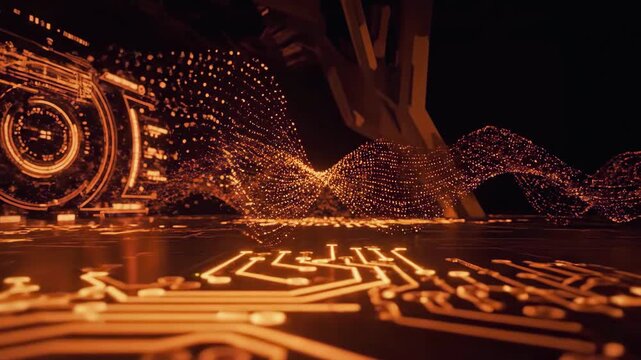 Abstract digital circuit board technology background with glowing orange lines and nodes data electronics innovation data electronics