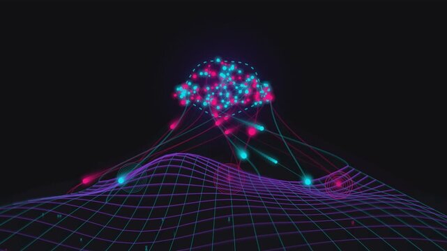 Glowing digital data cluster animation emitting colorful light streams over a complex wired topographic mesh surface