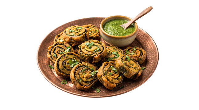 Crispy Arbi Ke Patte Ka Pakoda Colocasia Leaf Pinwheel Fritters Served with Green Chutney Top View