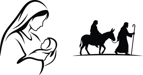 Christian nativity scene featuring a mother holding her baby beside a family traveling with donkey with graphic illustration with infant alongside silhouette