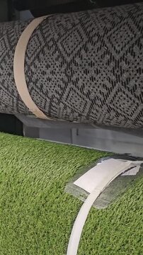 Artificial grass carpet samples and a dark patterned sample in the store