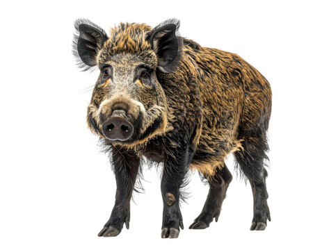 Full body wild boar, positioned center frame on a pristine white background, snout uplifted, eyes focused quietly asserting dominance