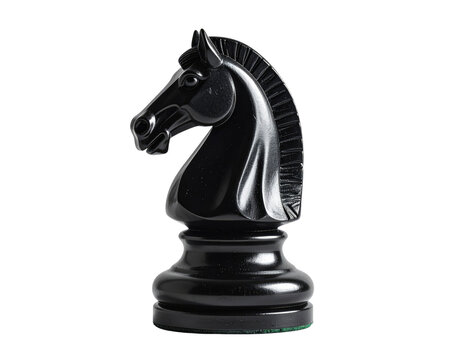 Single black horse rook chess piece, centered on a pure white background, stock photo aesthetic, shadow casting subtly to the right, creating a soft gradient, hint at texture and craftsmanship