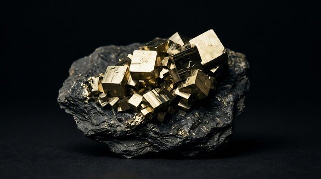 Natural pyrite crystal clusters embedded within dark rough slate rock formation close up macro