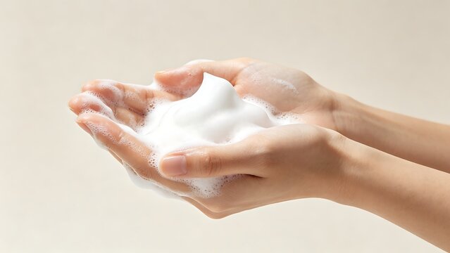 Skincare Foam in Hands on Minimal Background