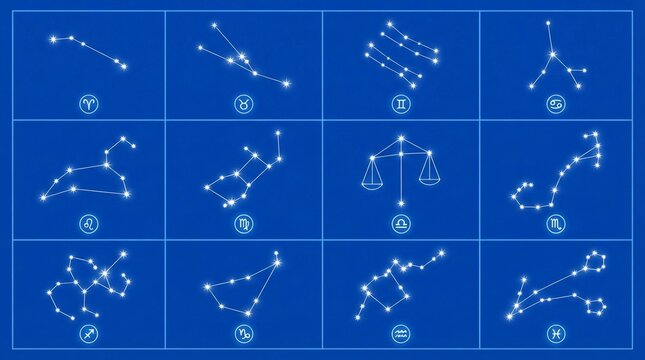 Twelve zodiac signs represented as glowing white star constellations arranged within a grid against a vibrant deep blue background showcasing celestial patterns for astrology and horoscopes