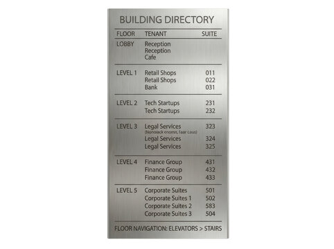 Multi level building directory sign with organized listings for navigation and information