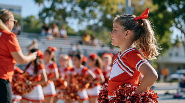 Cheerleading coach instructs a group of young athletes on a busy urban outdoor court during golden afternoon light, a family watching proudly from the sideline bleachers, youth sports coaching, athl