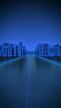 Futuristic Abstract Neon City with Orbit Camera Movement, Blue Sci-Fi Technology Background 4K
