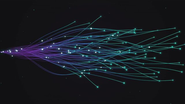 Radiant purple and cyan light trails emitting from a central point in this abstract motion video