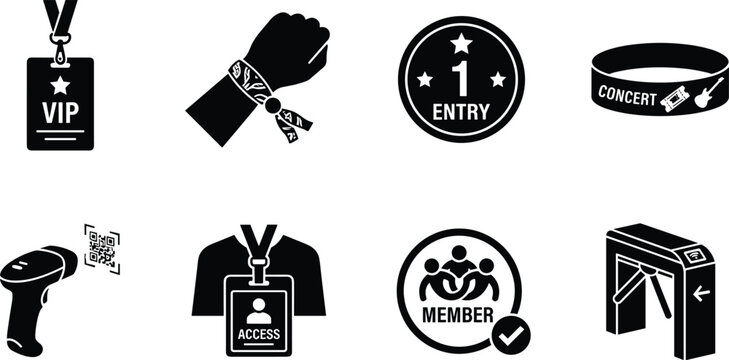 Event Access Control and Admission Black Icon Set for Ticketing and Security