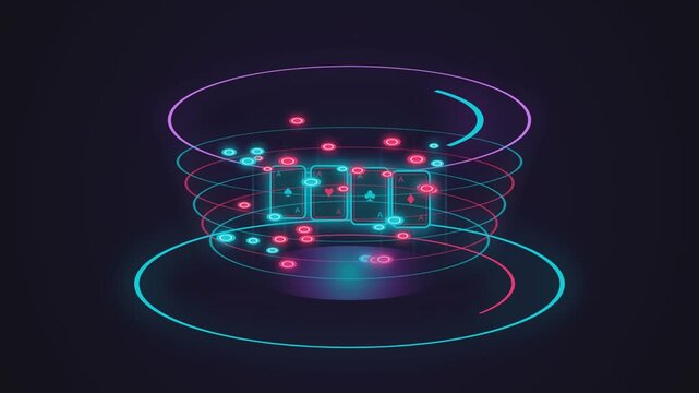 Glowing neon playing cards floating inside a digital vortex animation for high energy casino gaming footage