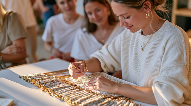 Lacemaker works at a minimalist studio table with dozens of bobbins arranged in precise rows, a small group of textile apprentices observing the pillow lace pattern forming, traditional needlecraft,