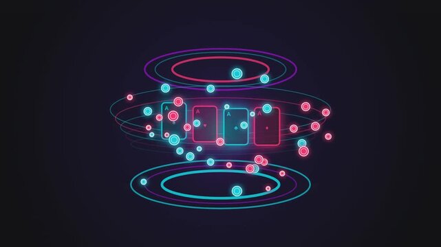 Glowing neon playing cards floating inside abstract digital motion rings in this vibrant animated video clip