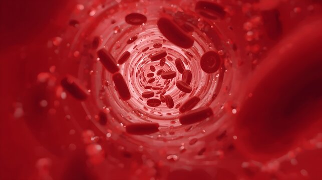 Sickle cell anemia disease showing crescent shaped red blood cells and normal erythrocytes flowing through a human vein or artery.