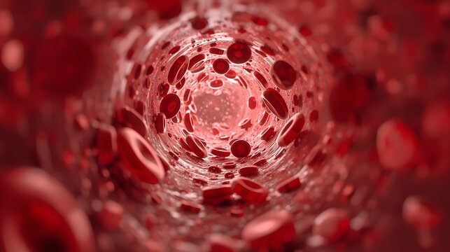 Sickle cell anemia disease showing crescent shaped red blood cells and normal erythrocytes flowing through a human vein or artery.