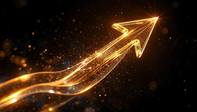 Golden light trails forming fast moving upward arrow on black space.