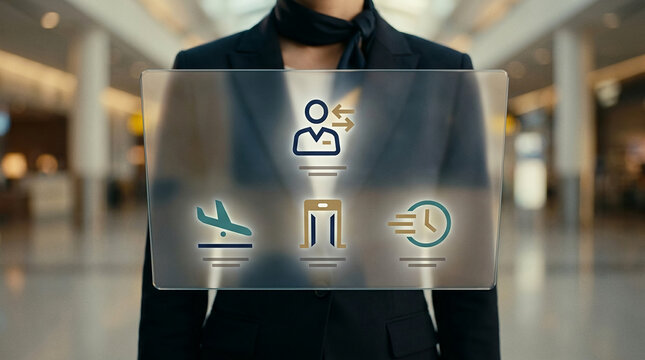 Professional airport staff member using a futuristic glass tablet displaying digital travel icons for flight status and airport security procedures.