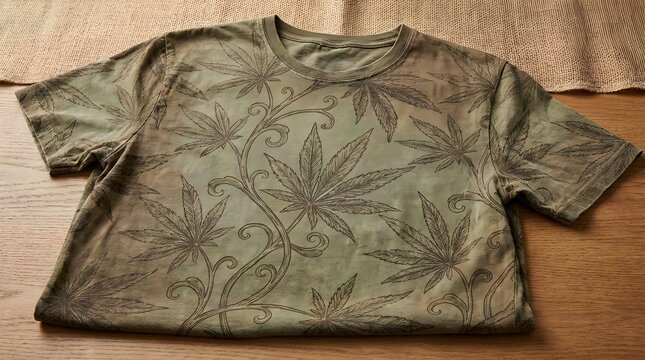 Vintage cannabis leaf pattern t shirt design with retro green aesthetic on a rustic wooden table top banner