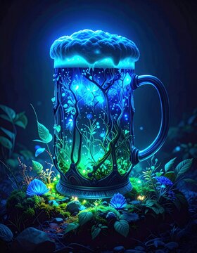 A glowing, magical mug filled with a luminous, frothy liquid surrounded by vibrant plants and fantastical blue light in a mystical nighttime setting.