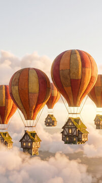 A quaint village of tiny cozy houses floating in the sky under huge colorful balloons 